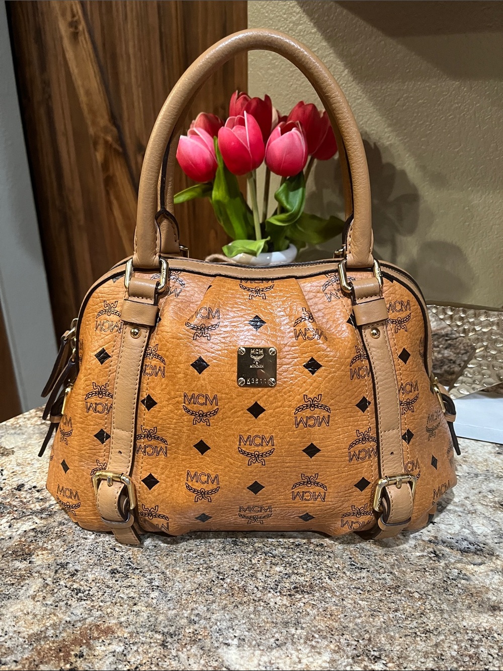 MCM EUC Visetos Buckle Dome Satchel Bag